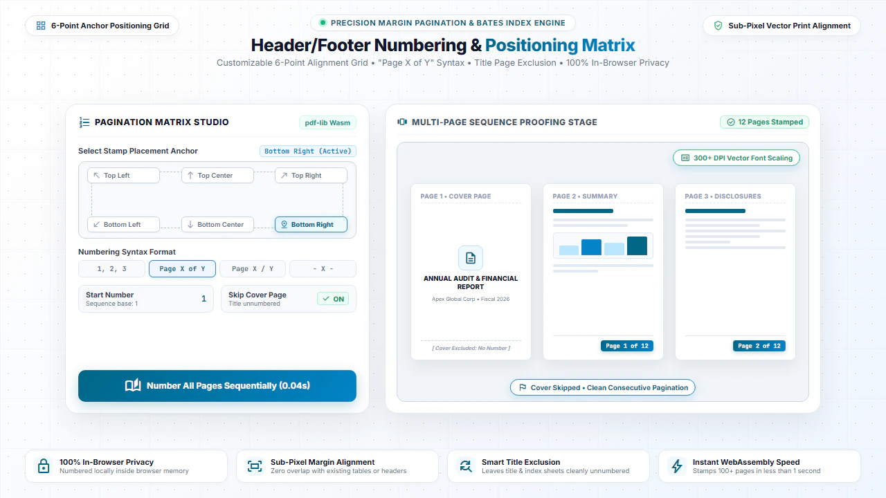 Header and footer numbering and positioning matrix showing 6-point anchor grid and sequential pagination