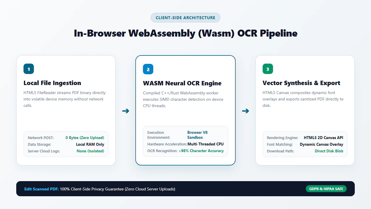 Technical architecture diagram showing in-browser WebAssembly OCR pipeline executing inside the browser sandbox using local CPU and RAM