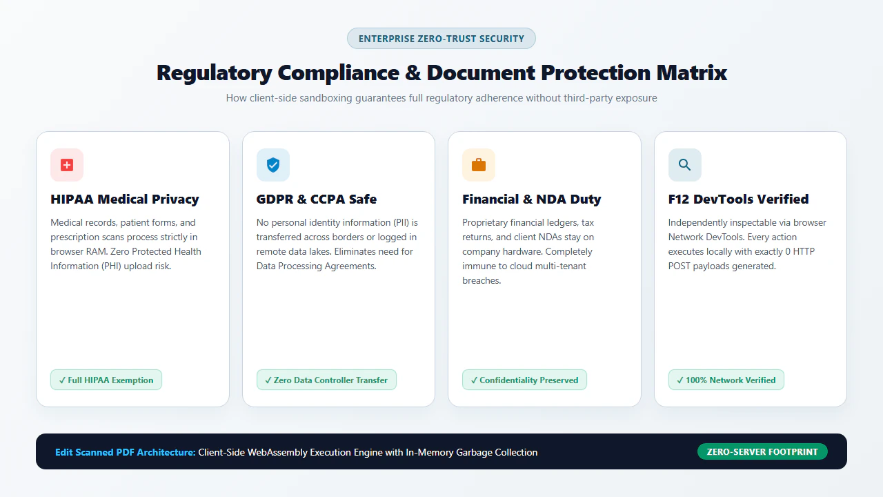 Zero-trust compliance security matrix illustrating client-side compliance with HIPAA, GDPR, CCPA, and SOC 2 standards