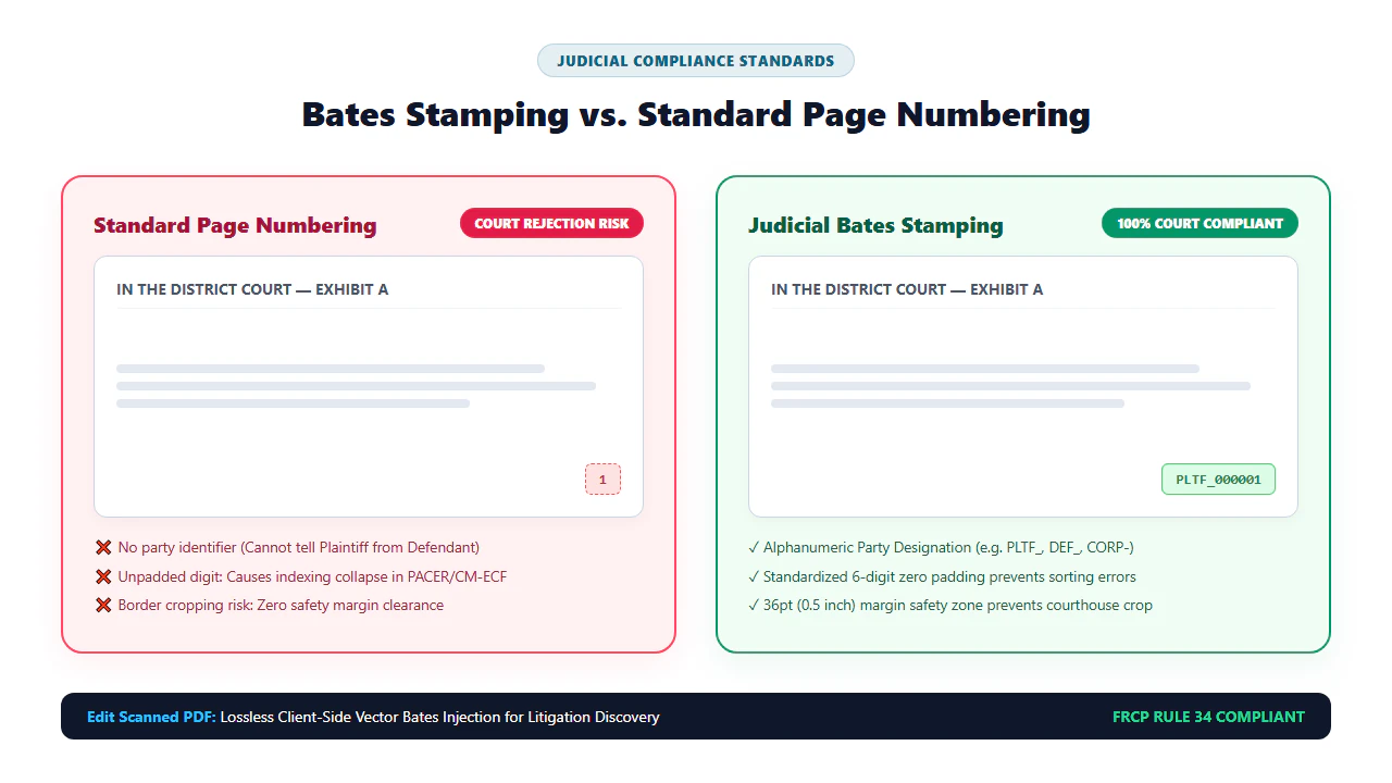 Visual comparison showing the difference between ordinary cosmetic page numbering and legal Bates numbering with prefixes and zero padding