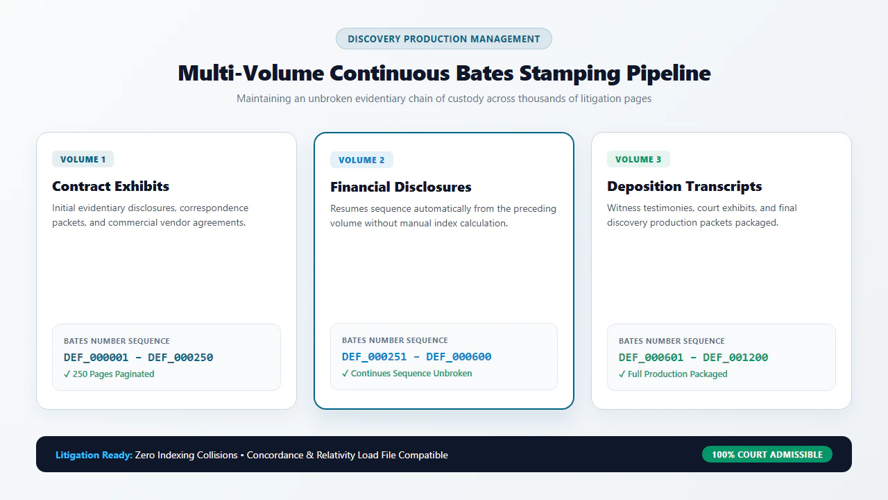 Multi-volume legal discovery workflow diagram showing continuous Bates serialization across separate PDF production volumes