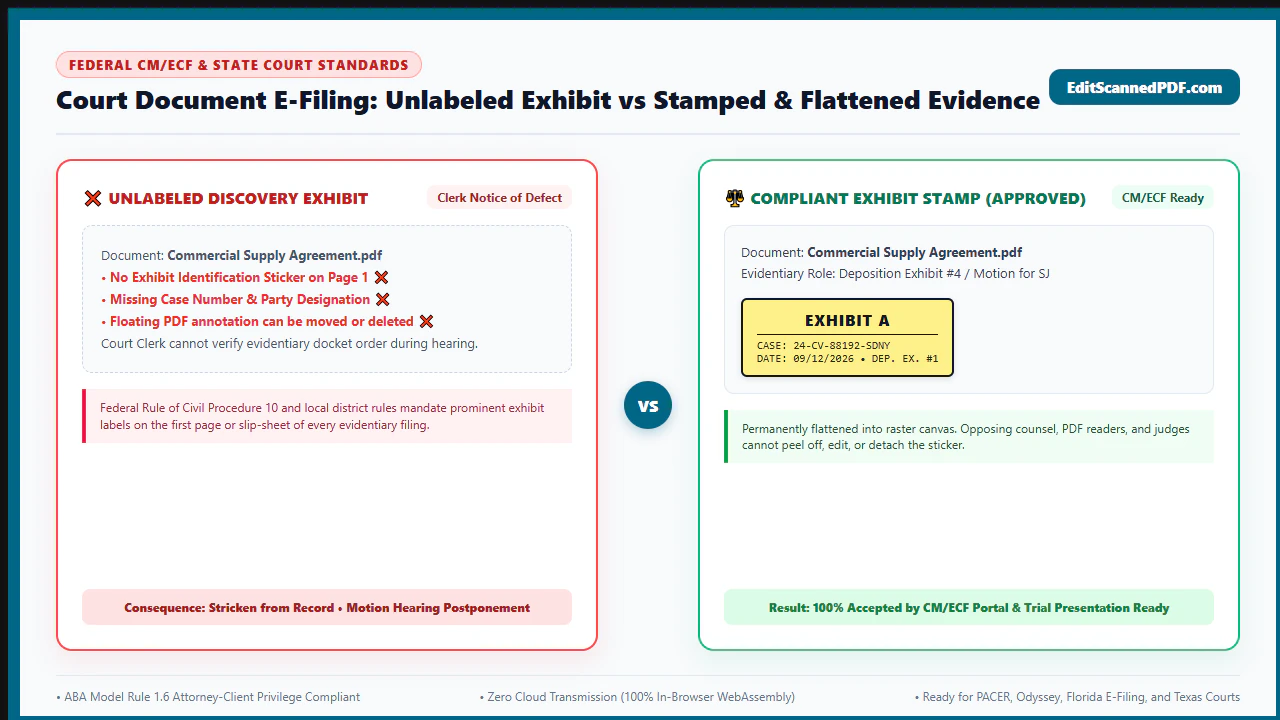 Visual comparison showing an unstamped, loose scanned court document vs a professionally stamped and flattened court exhibit PDF
