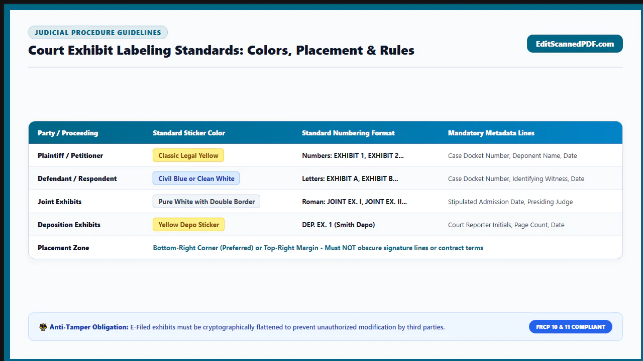 Comprehensive judicial matrix outlining exhibit sticker standards across federal and state courts