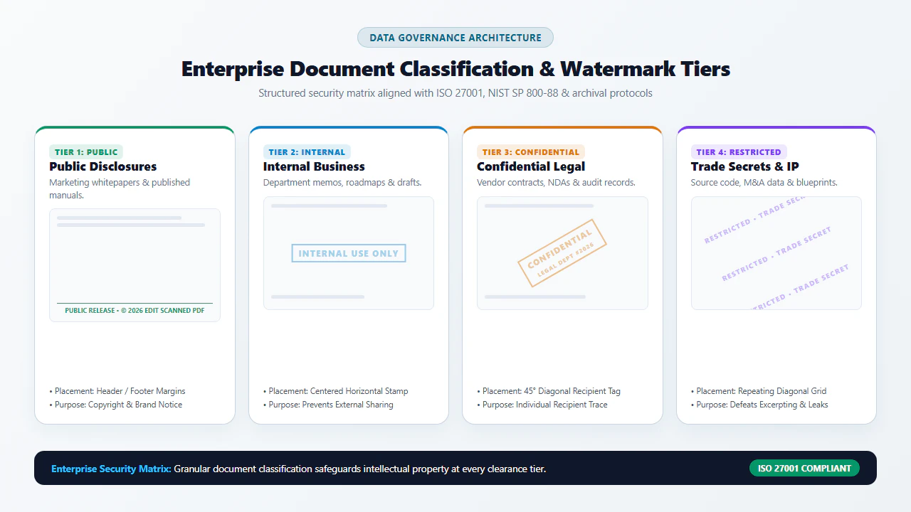 Enterprise governance diagram illustrating document watermarking protocols across legal discovery, M&A due diligence, and trade secrets