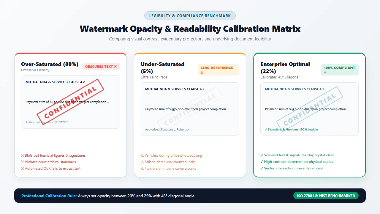 Visual demonstration of calibrating watermark opacity and diagonal angle to preserve underlying scanned text readability