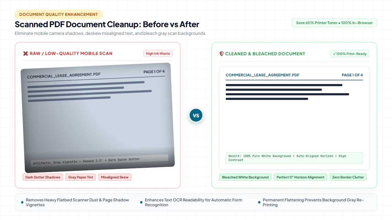 Before and after side-by-side comparison of scanned PDF document cleanup showing shadow removal, deskewing, and background whitening