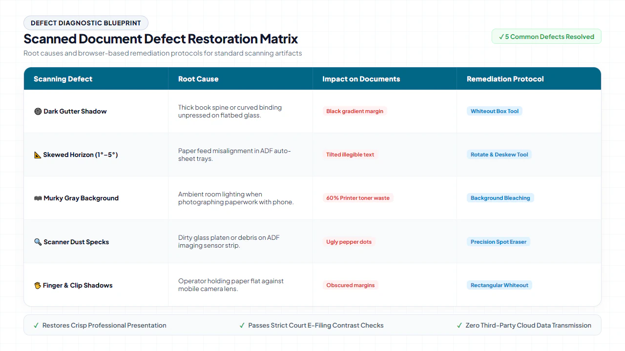 Scanned document defect restoration matrix detailing symptoms, causes, algorithmic fixes, and before-after outputs