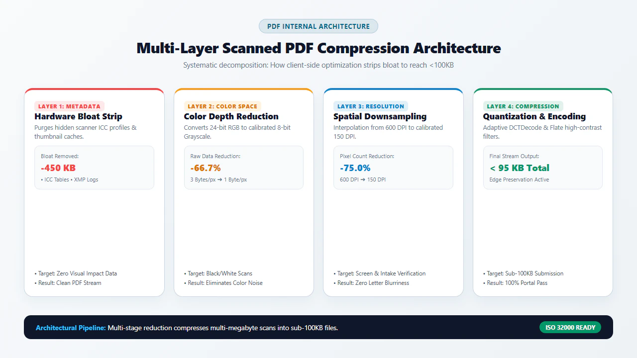 Multi-layer internal PDF compression architecture illustrating hardware bloat stripping, 8-bit grayscale depth reduction, 150 DPI downsampling, and quantization encoding