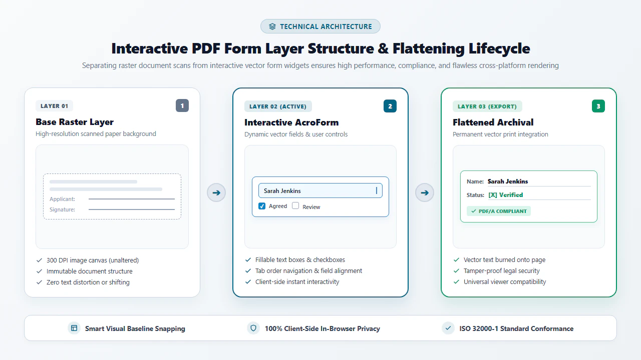 Interactive PDF Form Layer Structure and Flattening Lifecycle Diagram
