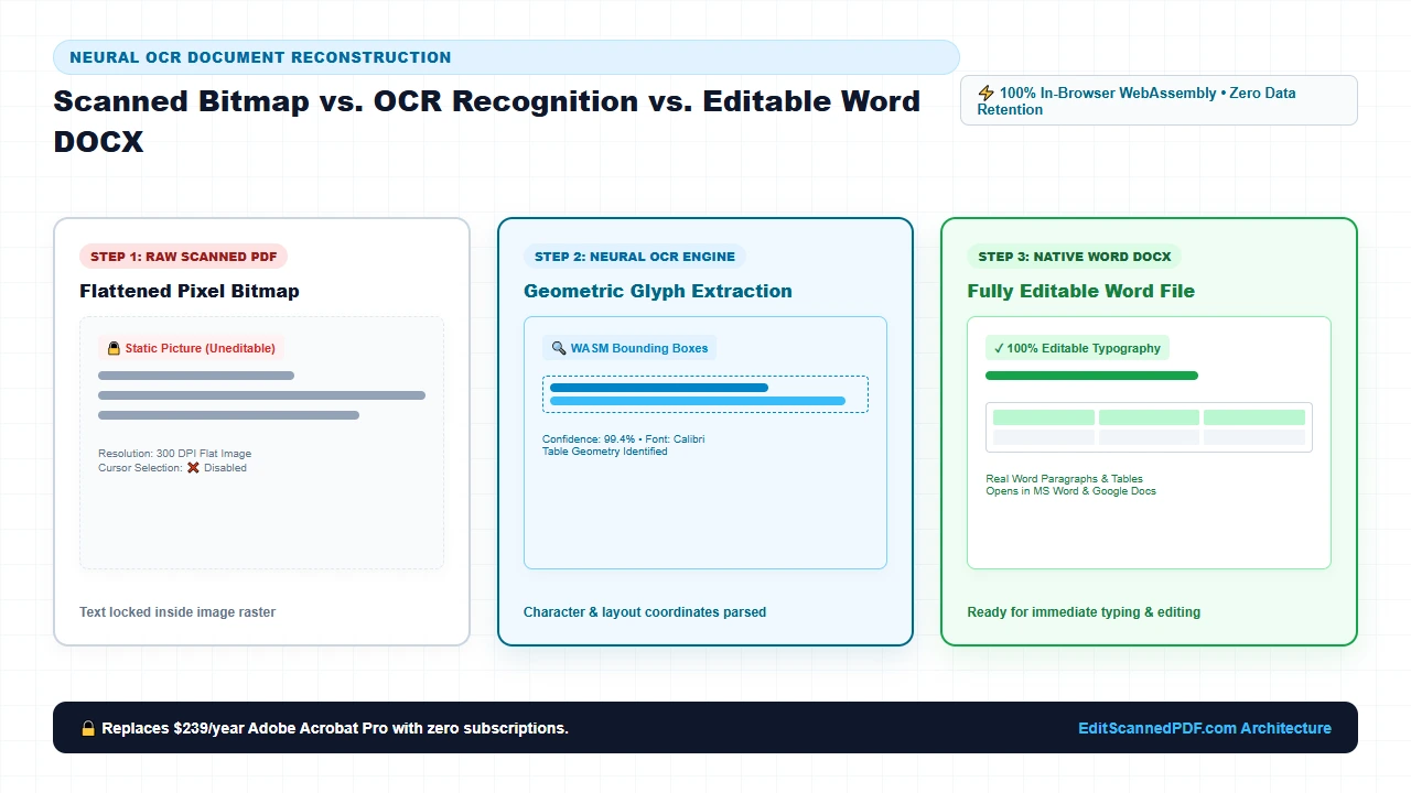 Technical diagram illustrating raw scan binarization, neural glyph extraction, tabular grid mapping, and OpenXML Word DOCX packaging