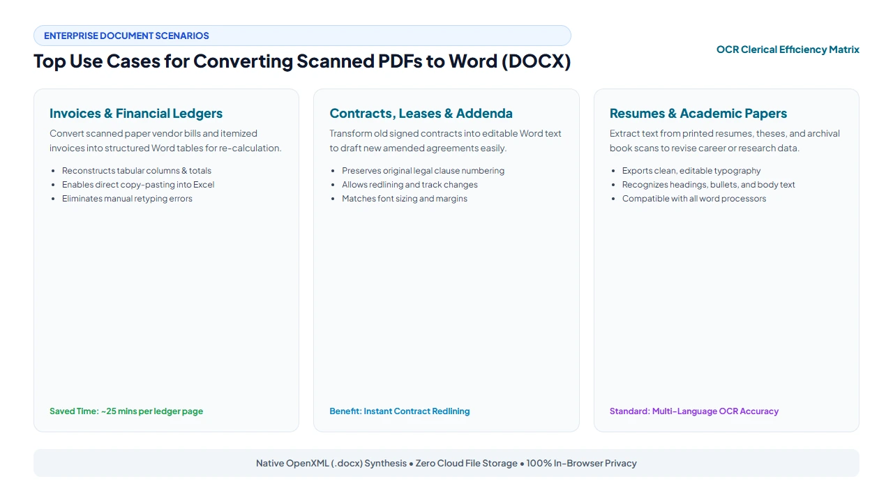 Real-world administrative use cases for scanned PDF to Word conversion including contracts, invoices, and resumes