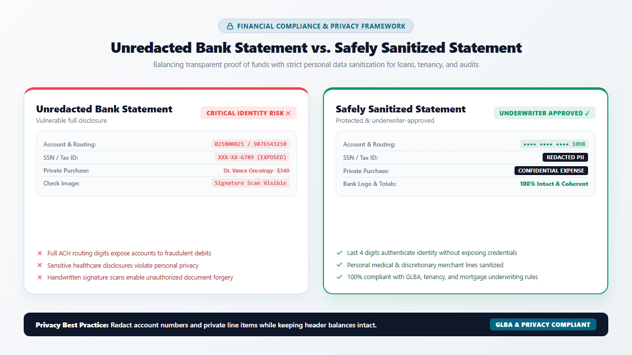 Side by Side Comparison: Unredacted vs Safely Redacted Bank Statement PDF