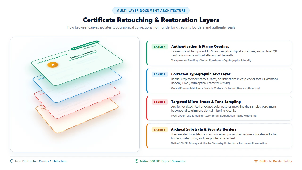 3D Isometric Architecture Diagram of Certificate Retouching and Security Layers
