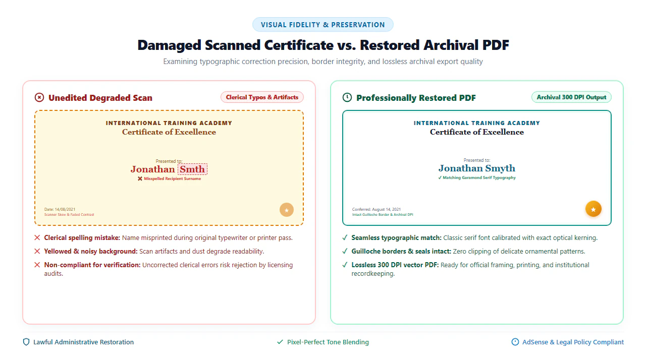 Side by Side Comparison: Aged Damaged Scan vs Restored Archival Certificate PDF