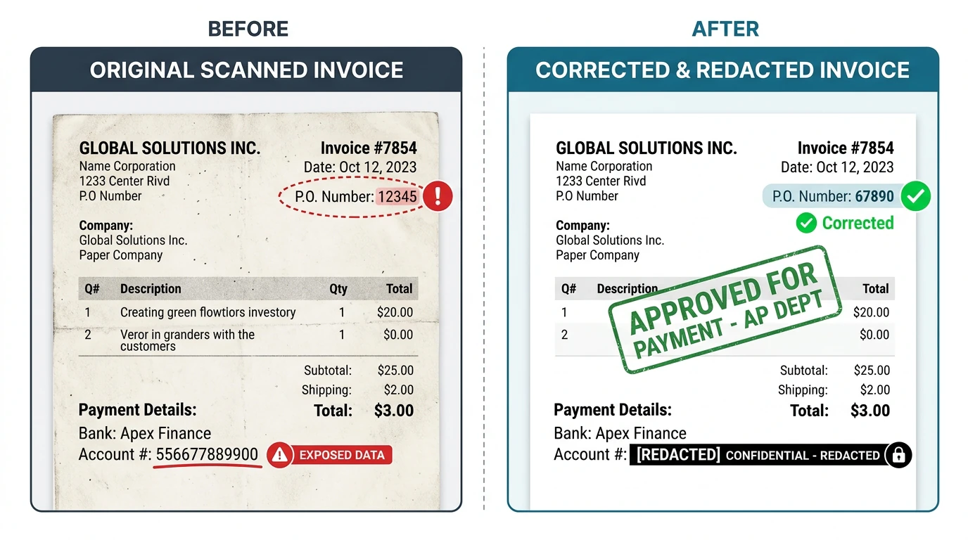 Before and after comparison of accounts payable invoice showing corrected purchase order number, redacted banking data, and approval rubber stamp