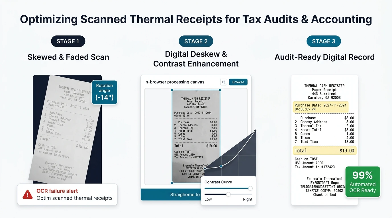 Thermal receipt deskew and contrast optimization showing before and after algorithmic image enhancement