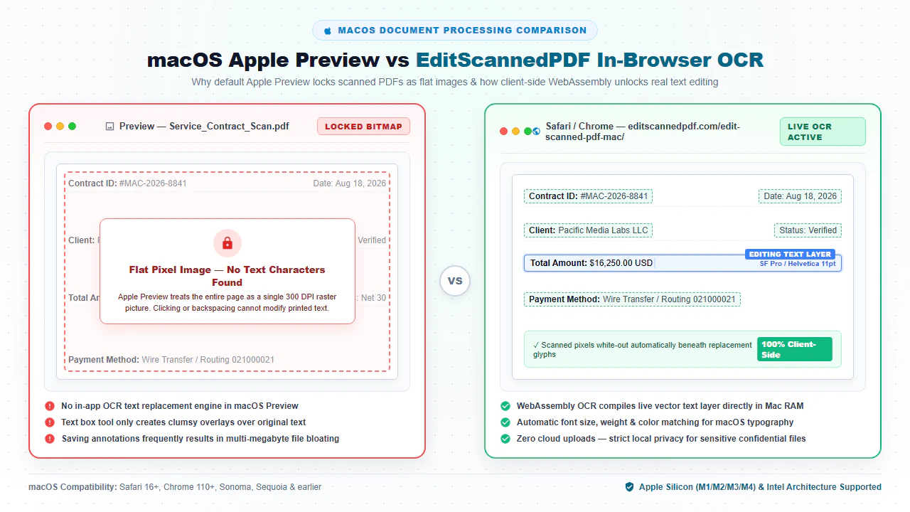 Comparison between macOS Apple Preview flat raster limitation and EditScannedPDF active live OCR text editing