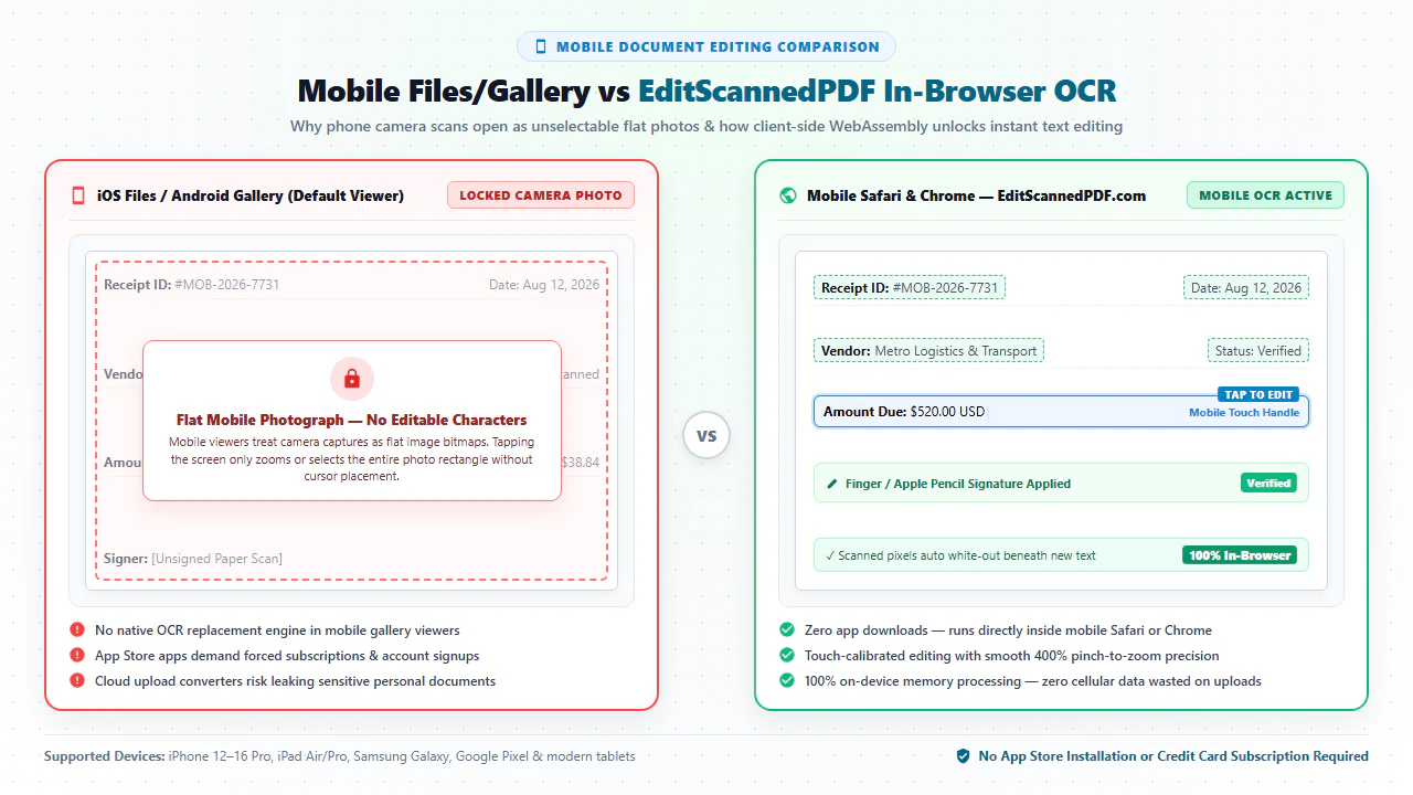 Comparison between default smartphone photo viewer flat image limitation and EditScannedPDF active live OCR text editing
