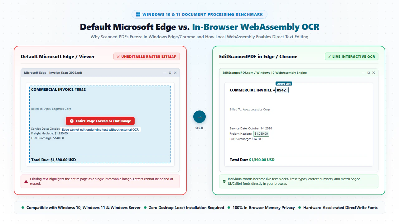 Comparison between default Microsoft Edge locked scanned PDF and EditScannedPDF active live OCR text editing