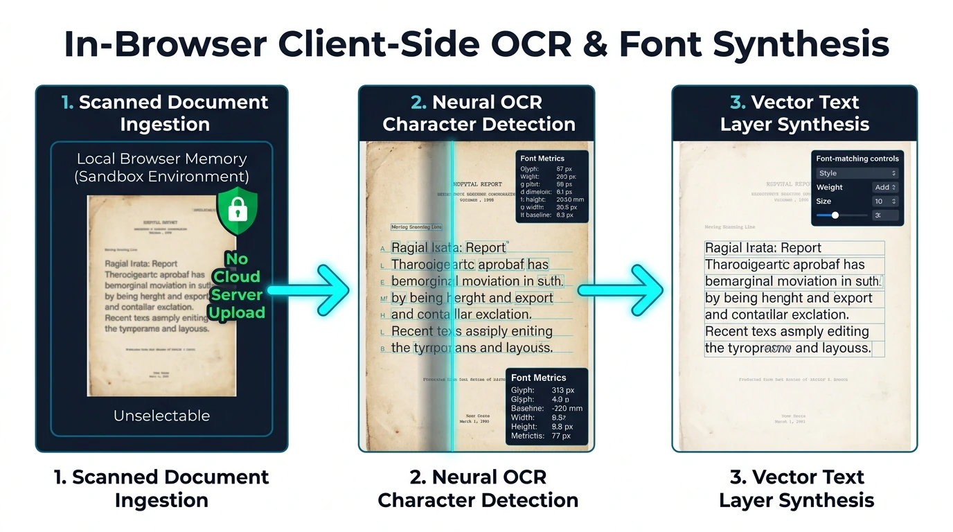 Client-side in-browser OCR architecture showing local document sandbox ingestion, neural character detection, and vector text layer synthesis