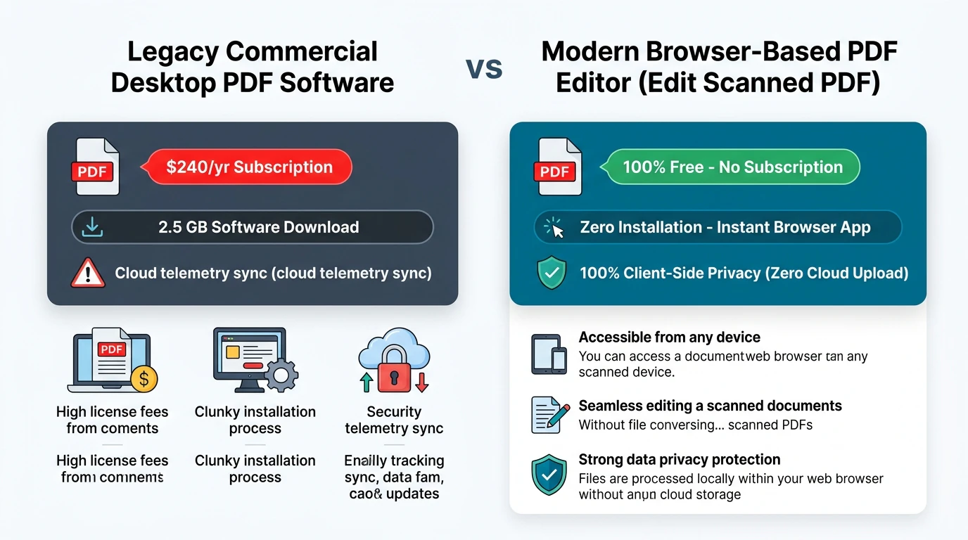 Comparison infographic contrasting expensive commercial desktop PDF suites with fast, private, free in-browser WebAssembly PDF editing