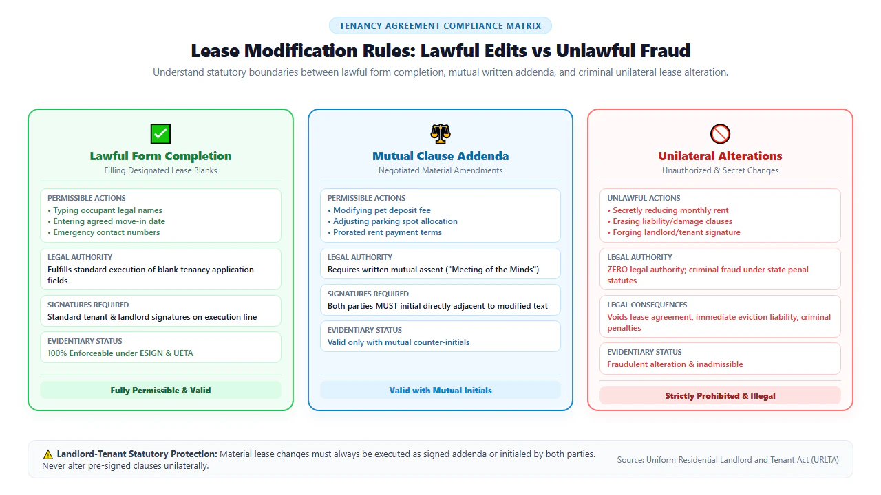 Lease modification compliance matrix showing lawful form completion, mutual clause addenda, and prohibited unilateral alterations