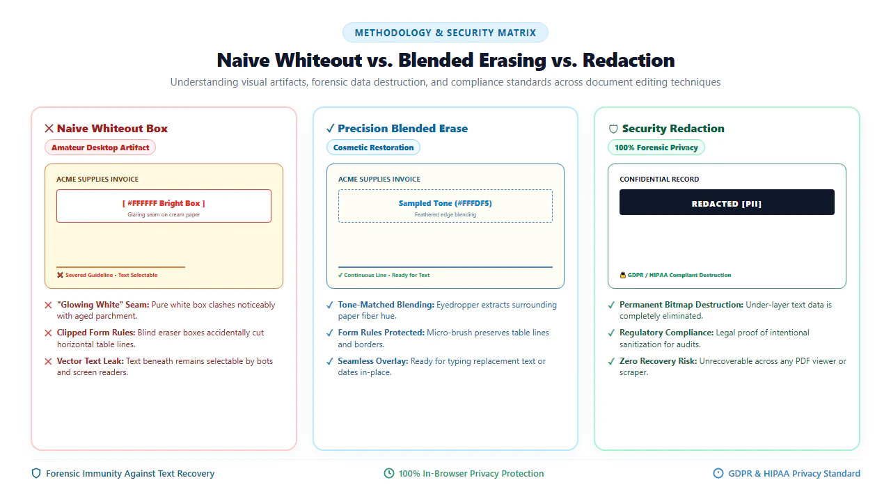 Methodology Matrix: Naive Whiteout vs Blended Erasing vs Security Redaction