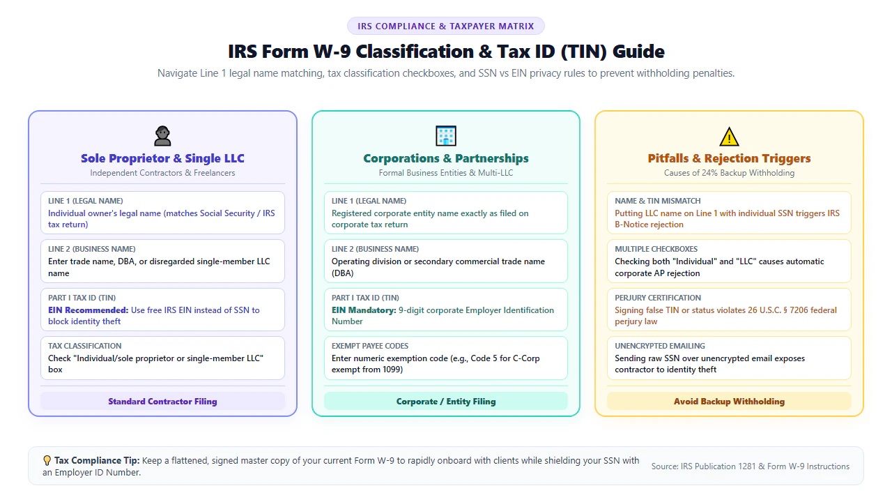Comprehensive IRS Form W-9 classification and Tax ID guide comparing sole proprietors, single-member LLCs, and corporate entities