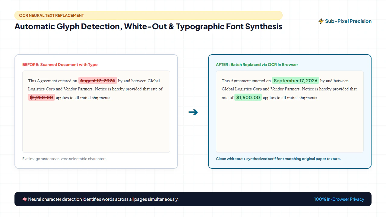 Before and after comparison of finding and replacing text in scanned PDF with font matching