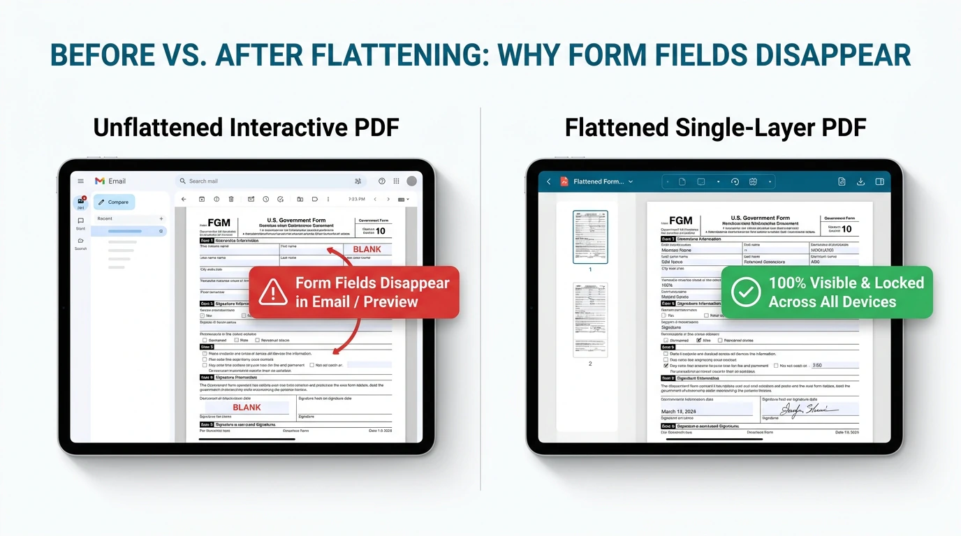 Side-by-side comparison of unflattened interactive PDF with blank form fields vs flattened permanent single-layer PDF