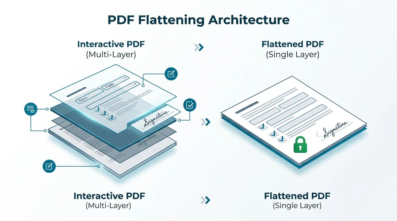 Detailed structural diagram showing how floating AcroForm and annotation layers are baked into the base background page canvas