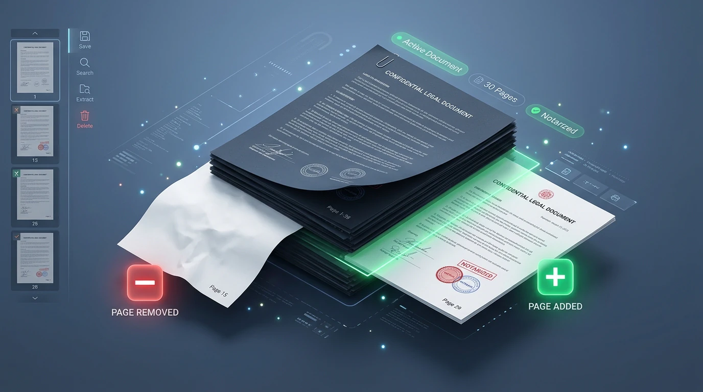 3D isometric visualization of PDF document page tree organizer with page insertion and deletion