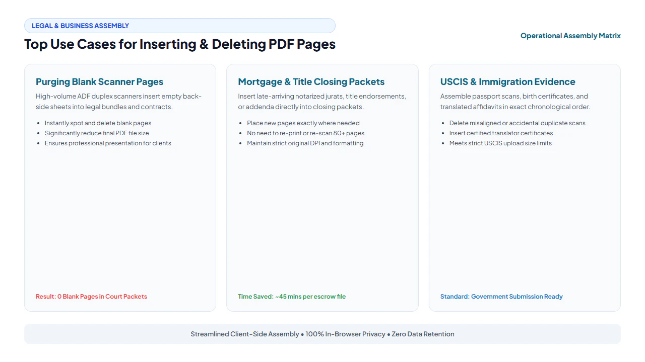 Top use cases for inserting and deleting PDF pages including blank page removal, closing packets, and immigration evidence