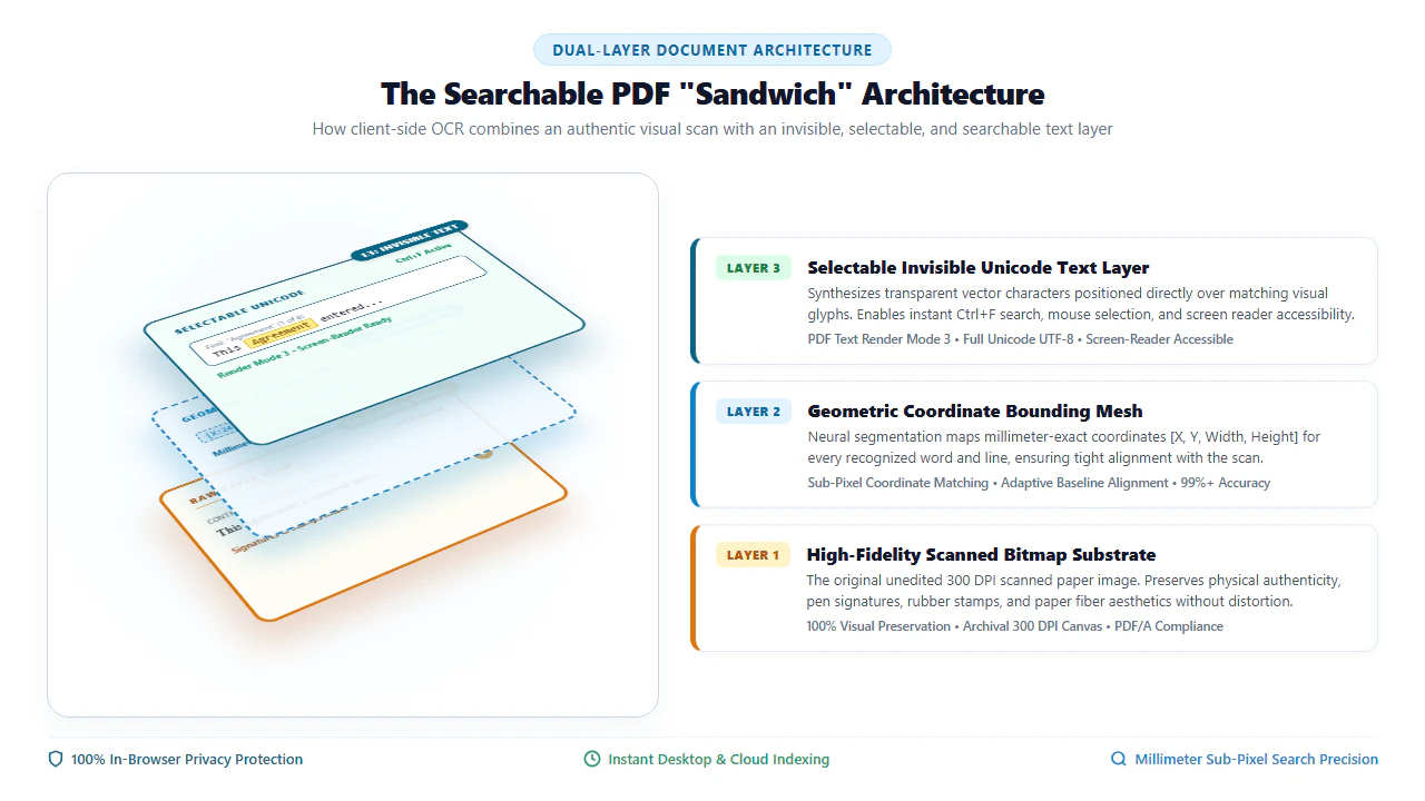 3D Isometric Architecture Diagram of Searchable PDF Sandwich Layers