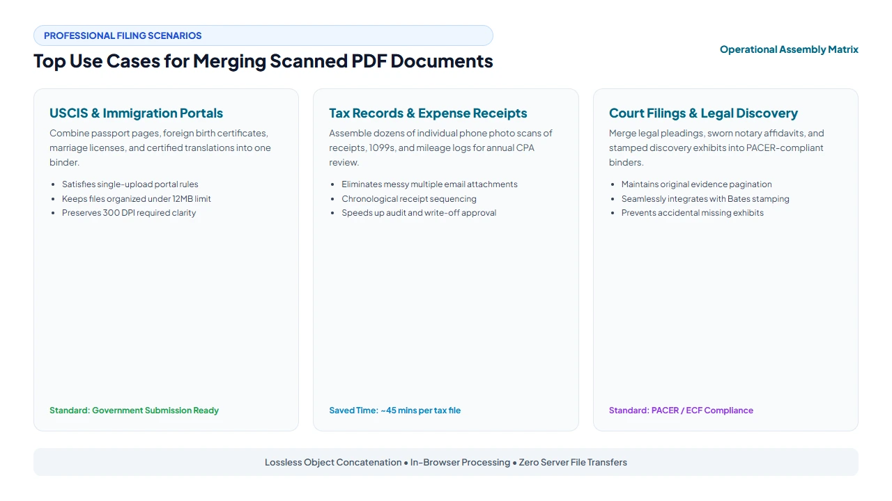 Top enterprise use cases for merging scanned PDFs including immigration, tax receipts, and court filings