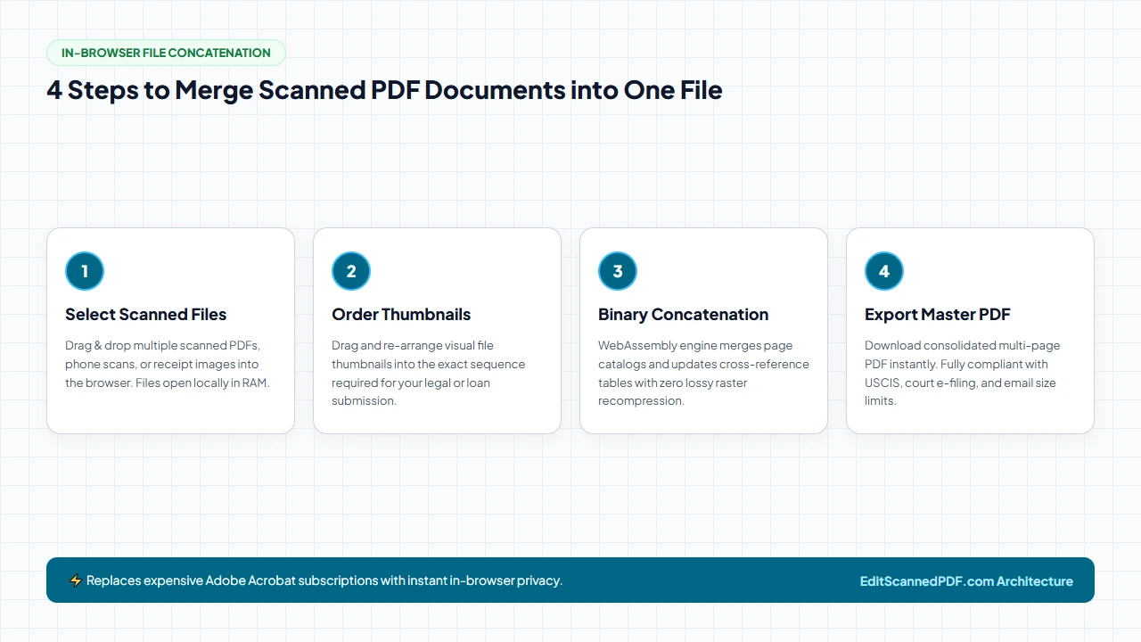 4-step workflow pipeline for merging scanned PDF documents into one file