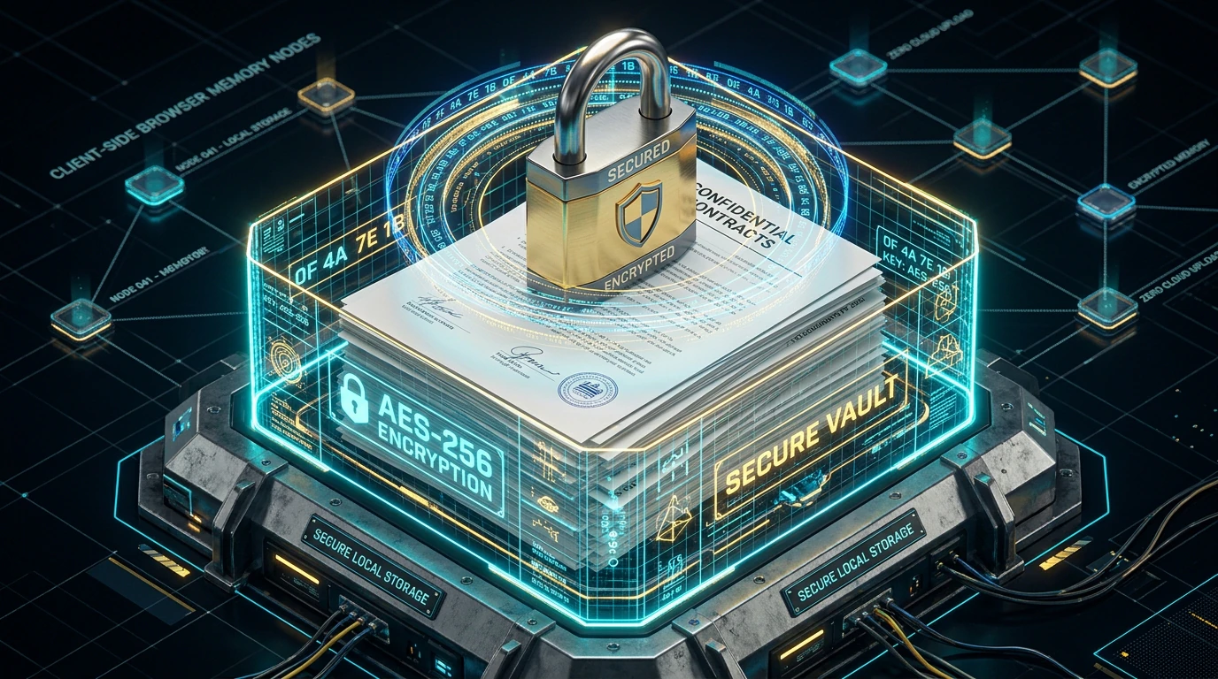 3D isometric illustration of AES-256 cryptographic shield and secure padlock locking scanned PDF documents in browser memory