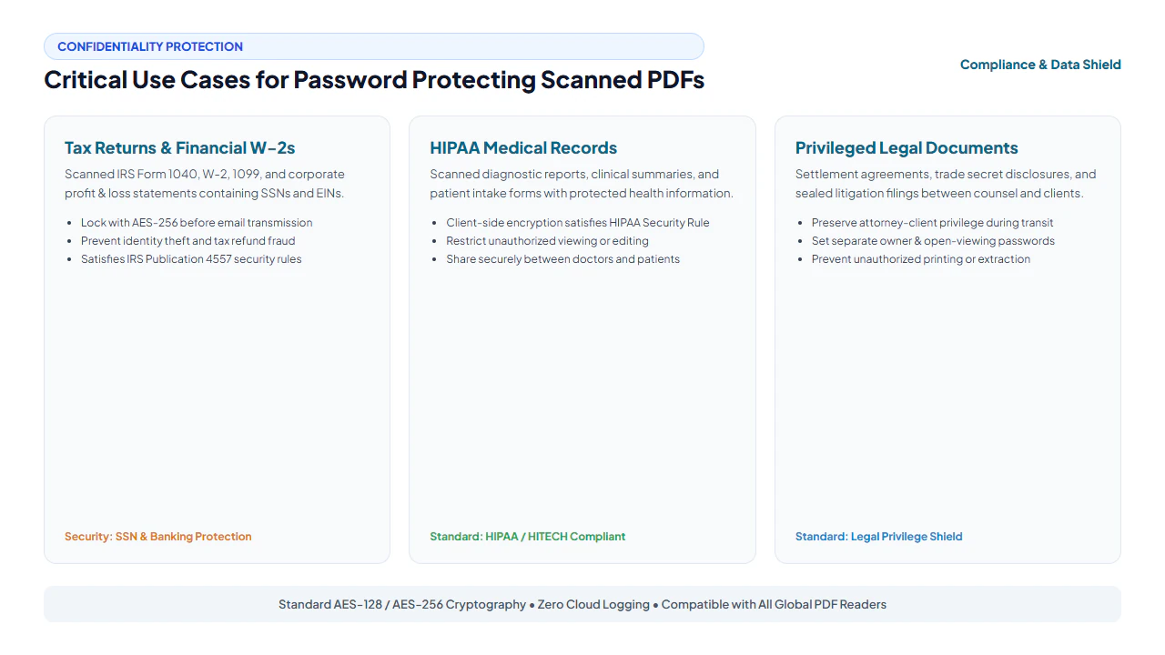 Critical use cases for password protecting scanned PDFs including tax returns, HIPAA medical records, and legal files