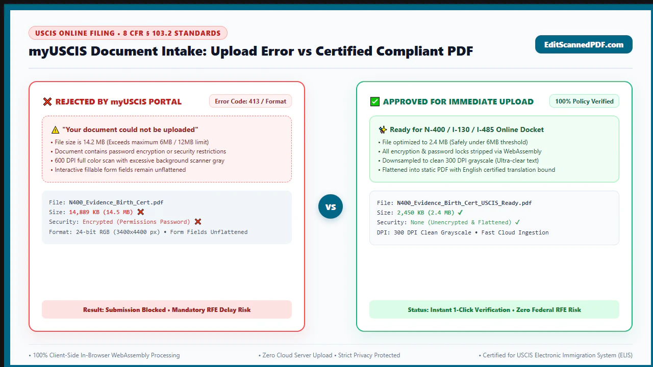 Visual comparison showing an oversized 28MB unformatted scan failing USCIS upload versus an optimized 3.2MB 300 DPI PDF uploading successfully