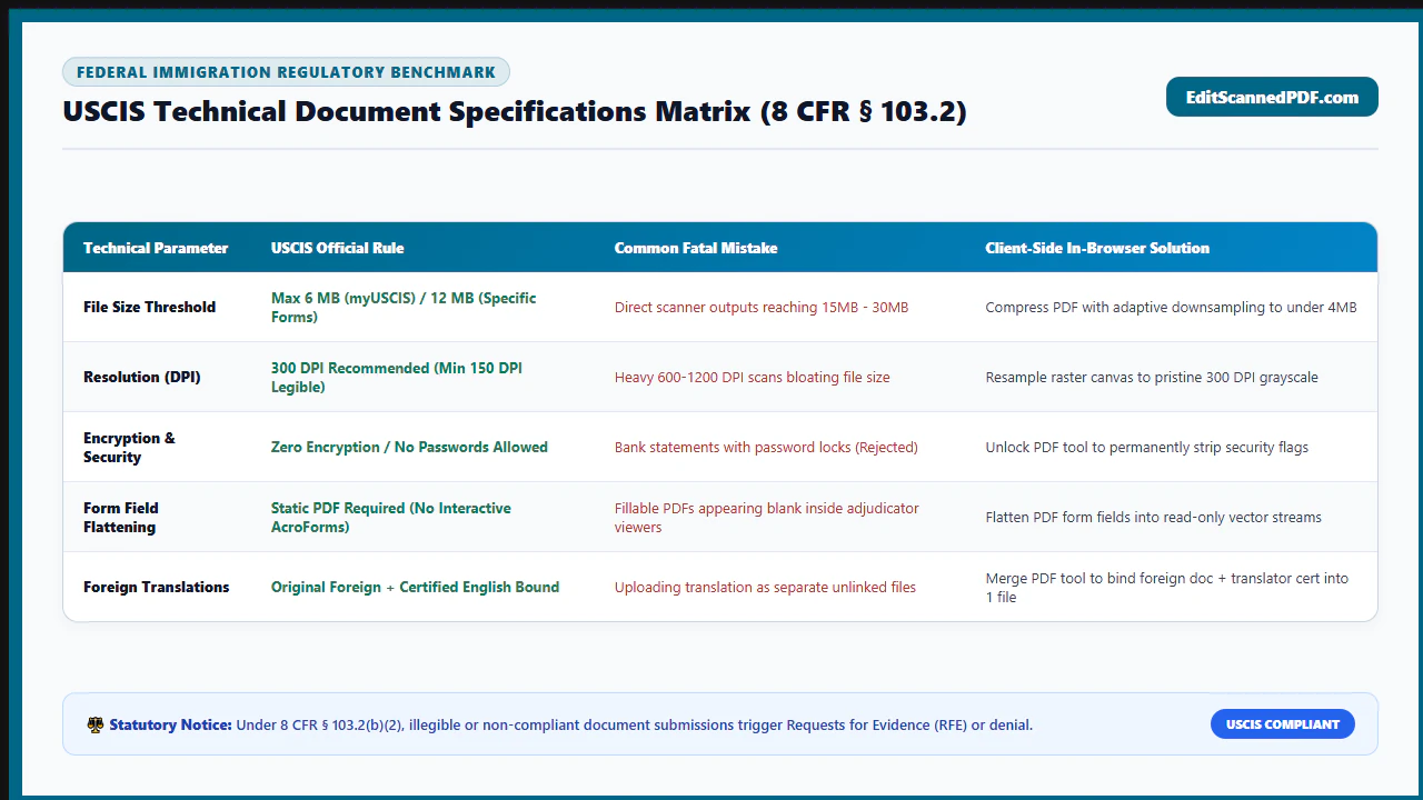 Comprehensive technical specifications matrix for USCIS online file uploads detailing file formats, DPI, color depth, and size limits