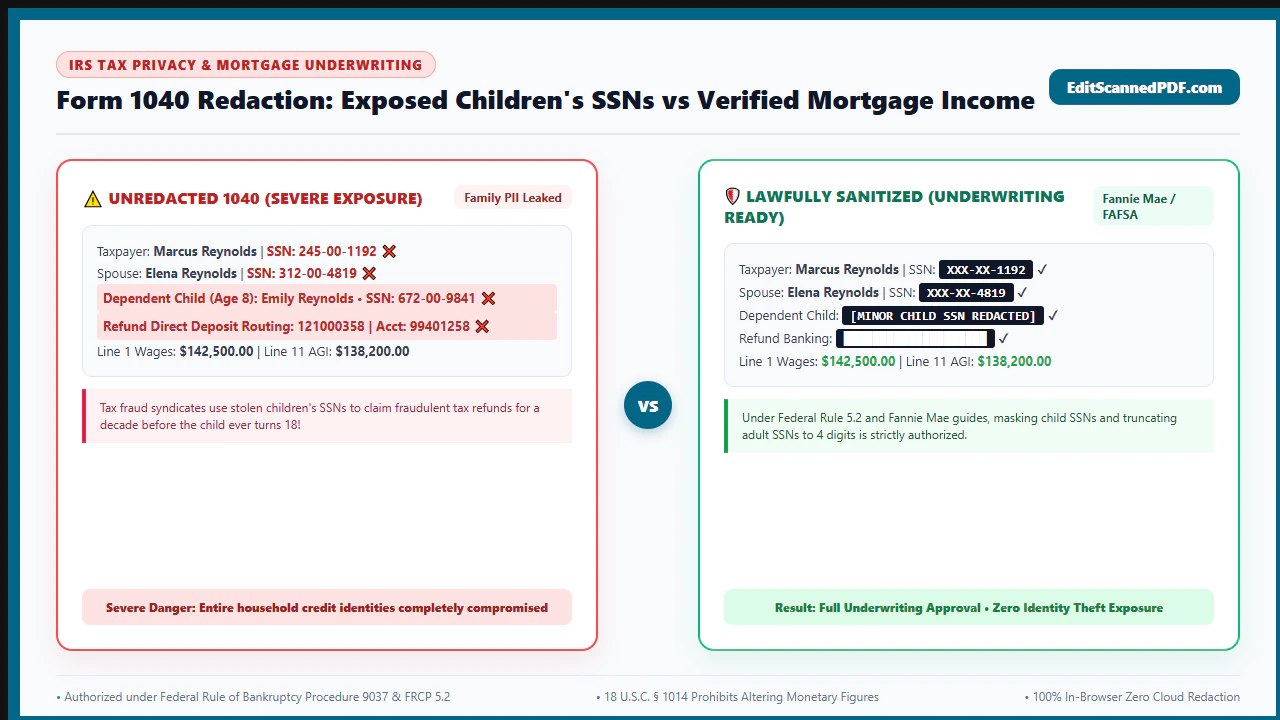 Before and after comparison of an exposed Form 1040 tax return versus a sanitized, lender-compliant redacted tax return