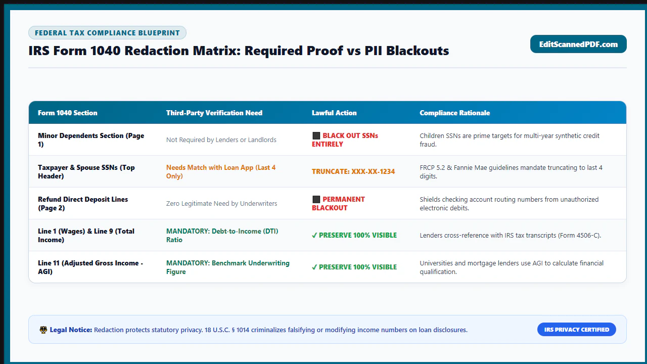 IRS Form 1040 redaction blueprint matrix highlighting what to redact versus what to preserve