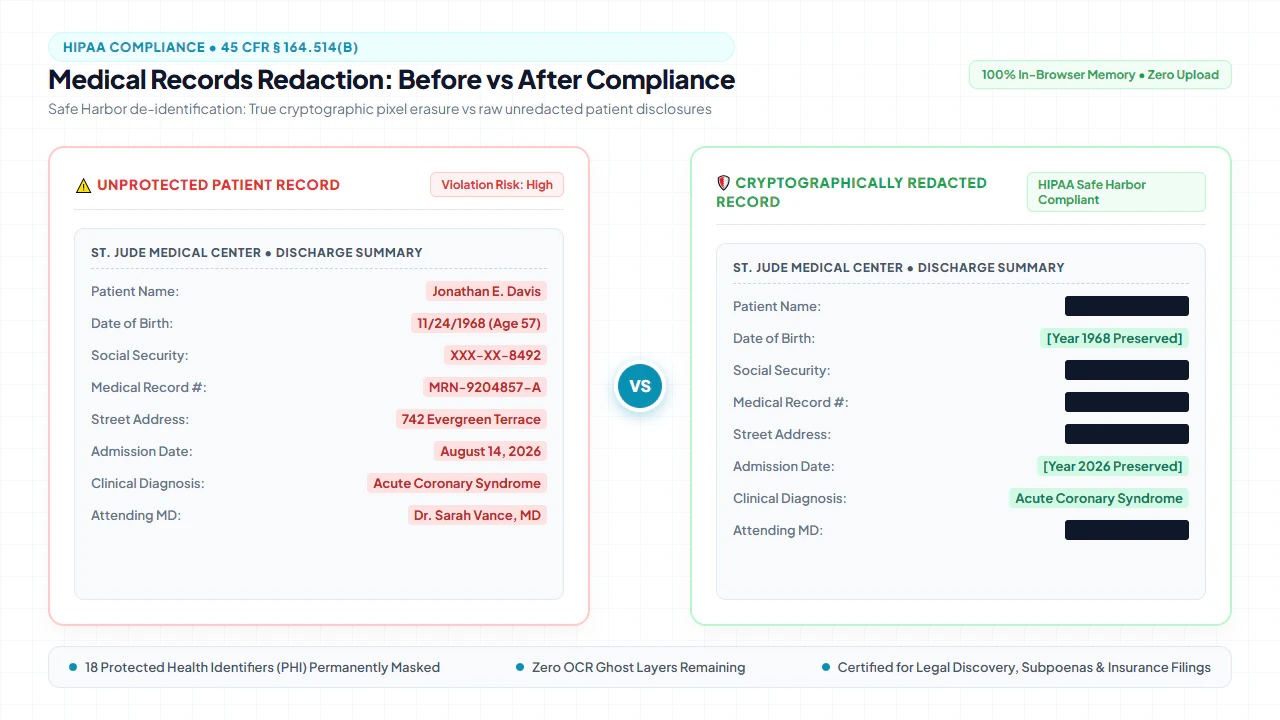 Before and after comparison of HIPAA medical records redaction