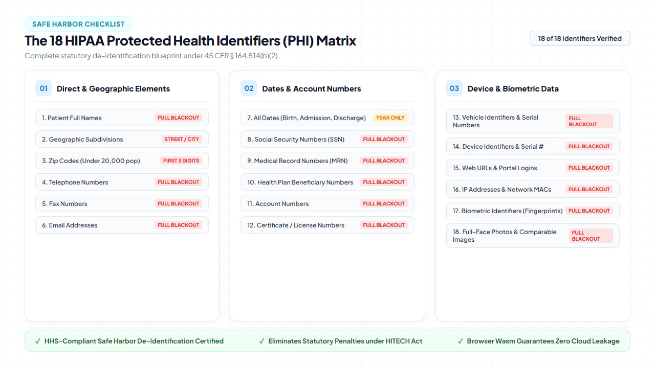 HIPAA 18 Protected Health Identifiers Safe Harbor Compliance Matrix