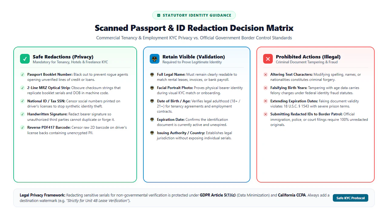 Scanned passport and ID redaction decision matrix for KYC and tenancy privacy