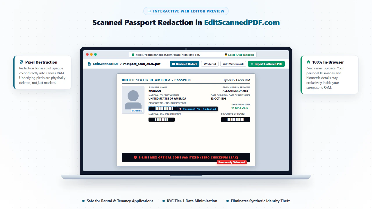 Laptop display preview showing in-browser passport blackout redaction with 0% server upload