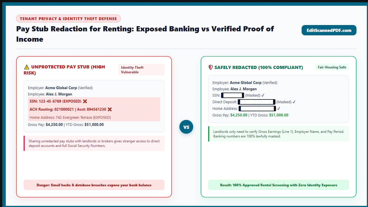 Visual comparison between an exposed pay stub leaking confidential financial coordinates and a professionally redacted pay stub preserving income verification data