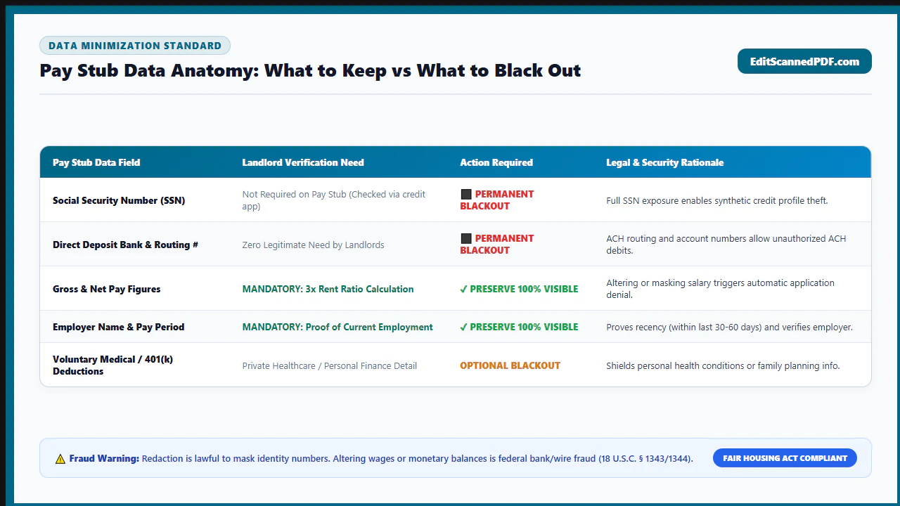 Data anatomy matrix detailing mandatory verification elements versus redactable sensitive information on corporate pay stubs