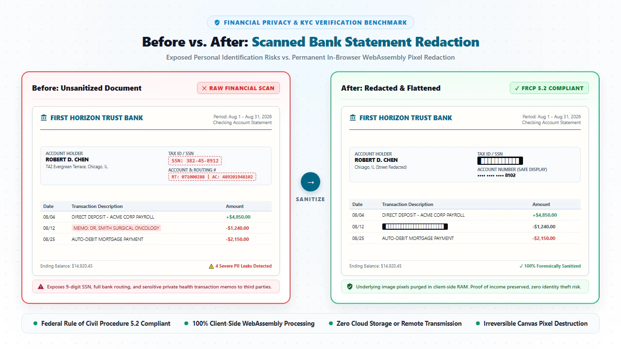 Side-by-side comparison of an unprotected scanned bank statement exposing SSN and routing details versus a cryptographically flattened, permanently redacted PDF