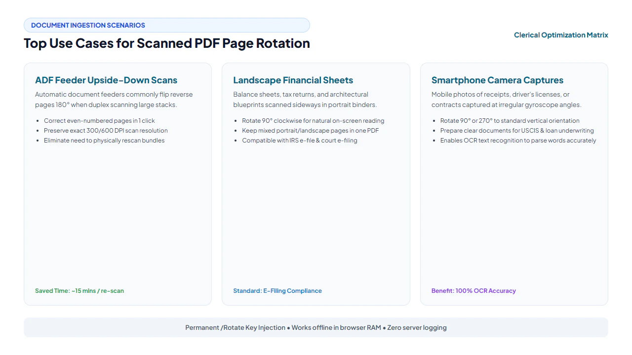 Top use cases for scanned PDF rotation including ADF feeders, landscape sheets, and mobile captures